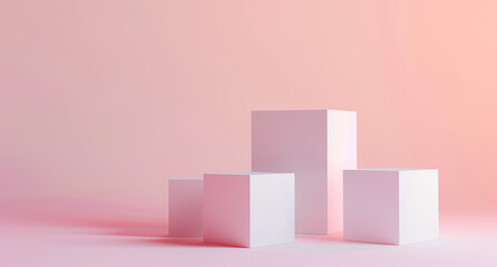 Four pink geometric cubes placed in the middle on a pink background.