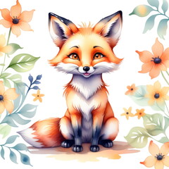 Obraz premium Watercolor small smiling fox sitting amidst vibrant flowers