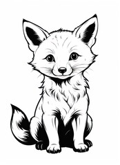 Simple, black and white illustration of a cute fox cub sitting with its front paws tucked beneath it