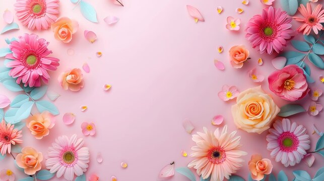 A beautiful display of various colorful flowers and pink petals arranged aesthetically on a pink pastel background, evoking a sense of joy, freshness, and natural beauty.