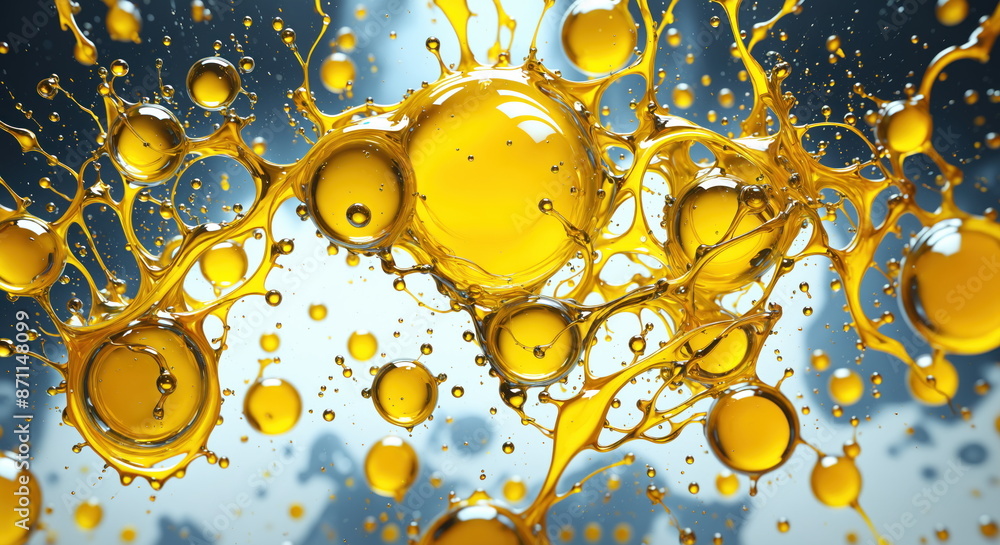 Poster golden oil splashes and droplets against a white background. dynamic movement of the oil, creating a