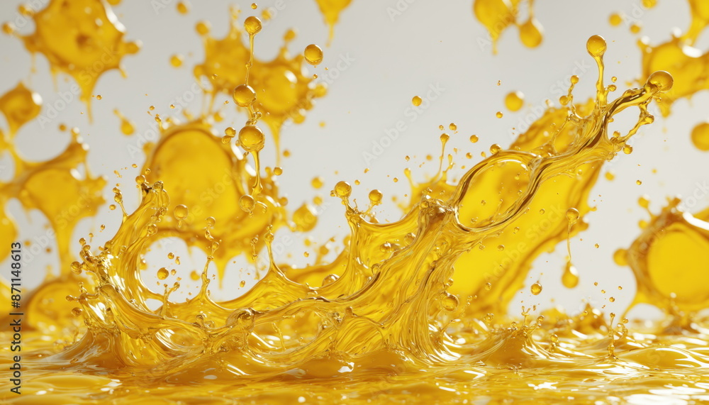 Poster golden liquid splashing against a vibrant yellow background. the liquid creates a dynamic and intric