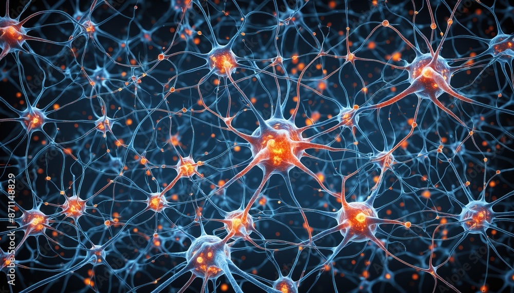 Poster neural network, showcasing interconnected neurons with glowing nuclei and complex dendrites