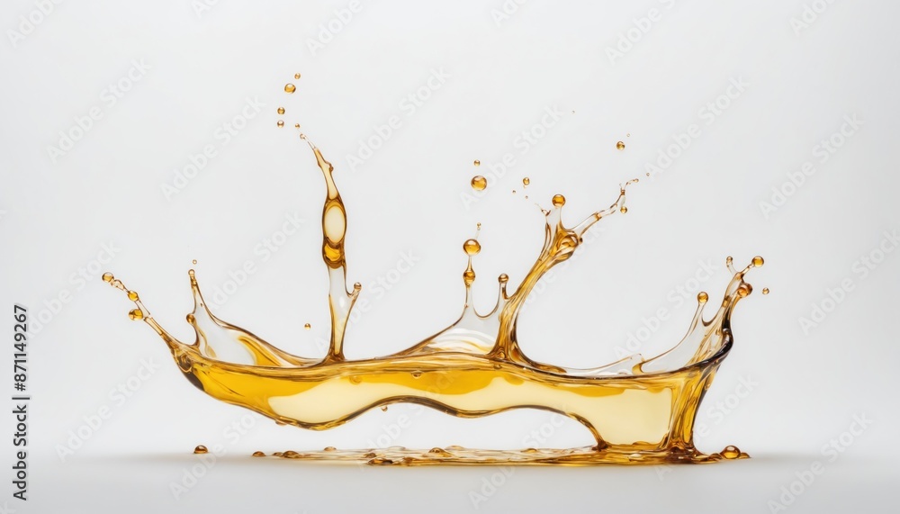 Poster a close-up shot of a golden liquid splashing in a white background. the liquid forms a crown-like sh