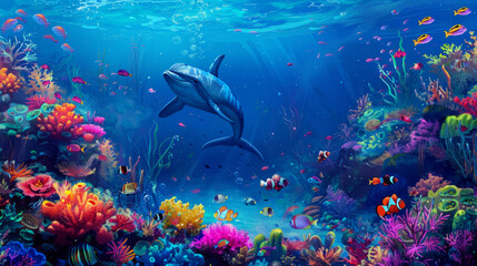 Fototapeta premium A colorful coral reef with various fish swimming around, 
