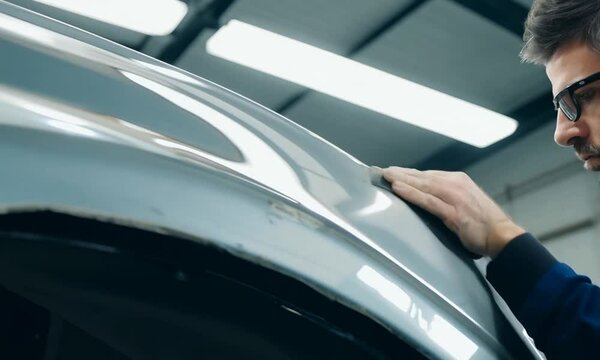 A specialist specializing in car body repair removes dents from car fenders with full commitment and precision, restoring them to their original aesthetics.	