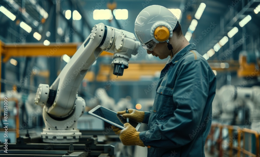 Poster engineer operating robotic arm in factory using tablet for automation and control