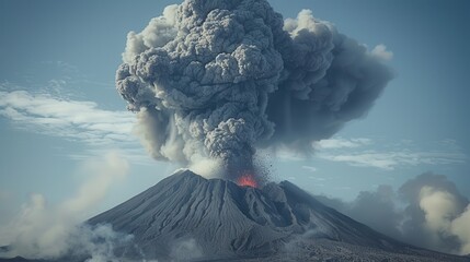 A visually stunning image depicting a volcano eruption with a massive ash cloud and lava spewing out, set against a scenic background of mountains and sky.