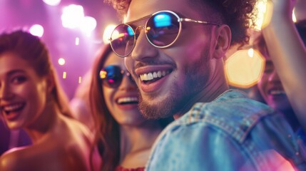 A man with sunglasses on is smiling at the camera, night party