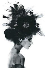 Fototapeta premium Artistic Black and White Portrait of a Woman with Floral Accents.