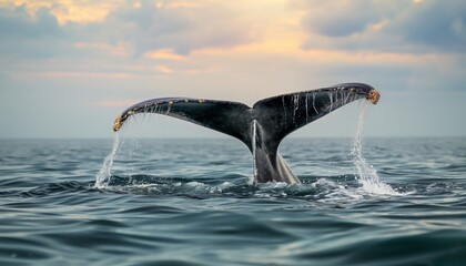 Obraz premium The tail of a whale emerges gracefully above the ocean surface at sunset, creating an awe-inspiring image that symbolizes freedom, strength, and the deep connection to nature.