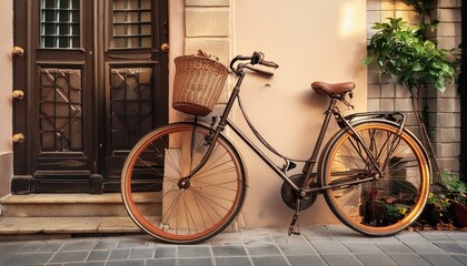 Fototapeta premium Vintage bicycle with wicker basket parked against old building wall. Classic retro city bike on cobblestone street near wooden door. Nostalgic urban transportation in European town alley.