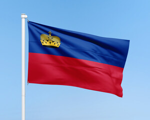 Liechtenstein flag on stick on sky background. Realistic flag illustration