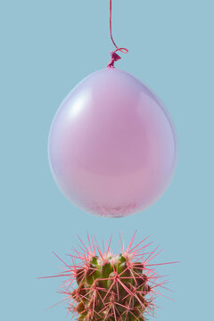 Balloon hanging from ceiling on thread above cactus with pink needles