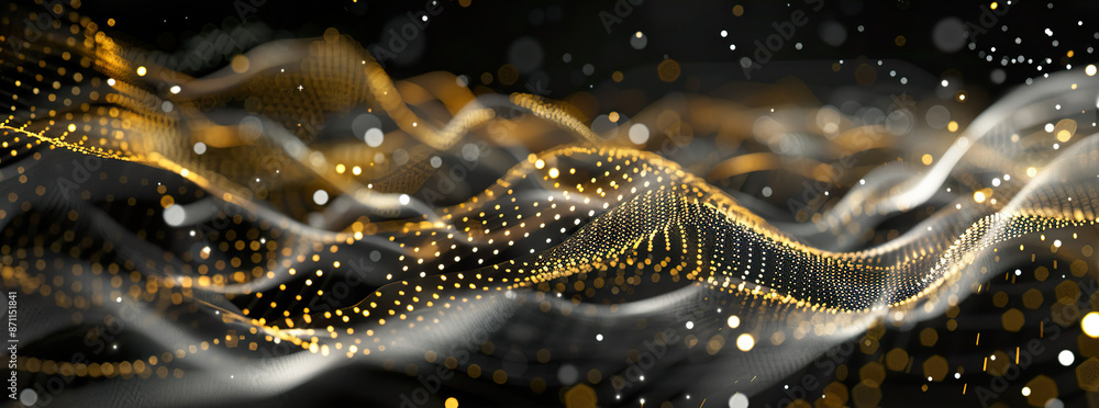 Aufkleber a digital abstract representation of a wave pattern with glowing golden dots and white lines.