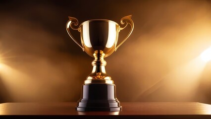 A gold trophy sits on a wooden table. The trophy is shiny and golden, and it is placed on a black base. The scene is illuminated by bright lights, which create a sense of importance and celebration
