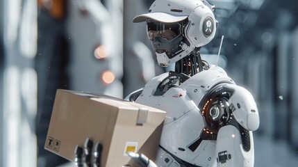 Robot Delivering Package in Warehouse. A futuristic robot holding a package in a high-tech warehouse, symbolizing advanced logistics and automation.
