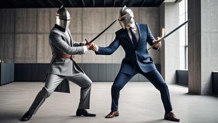 Two men in suits are fighting with swords. Scene is playful and lighthearted