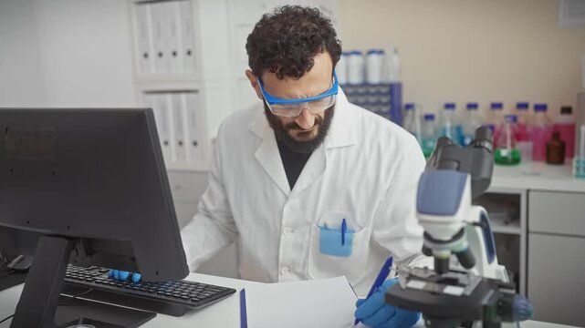 Bearded scientist in lab coat analyzing data on computer in a modern laboratory setting.