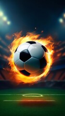 Fototapeta premium A soccer ball is on fire in the air. Concept of excitement and energy, as if the ball is soaring through the sky with a fiery trail behind it. The scene is dynamic and visually striking