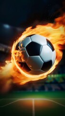 Naklejka premium A soccer ball is on fire in the air. Concept of excitement and energy, as if the ball is soaring through the sky with a fiery trail behind it. The scene is dynamic and visually striking