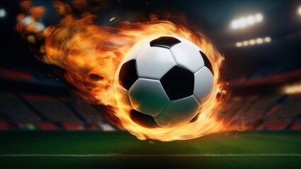 Naklejka premium A soccer ball is on fire in the air. Concept of excitement and energy, as if the ball is soaring through the sky with a fiery trail behind it. The scene is dynamic and visually striking