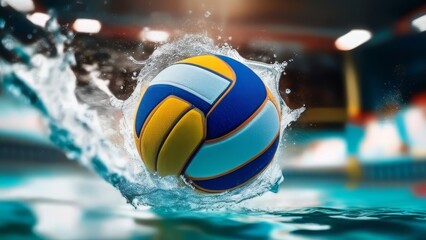 A yellow volleyball is in the water. The water is splashing around the ball. The image has a playful and energetic mood