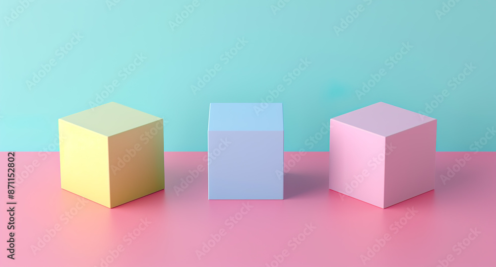 Poster three pastel-colored cubes arranged in a row with soft shadows on a light teal background.