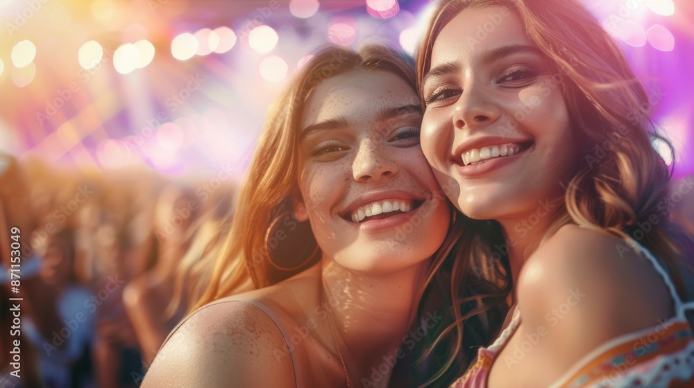 Wall mural Two women smiling at the camera in a crowd, concert or festival