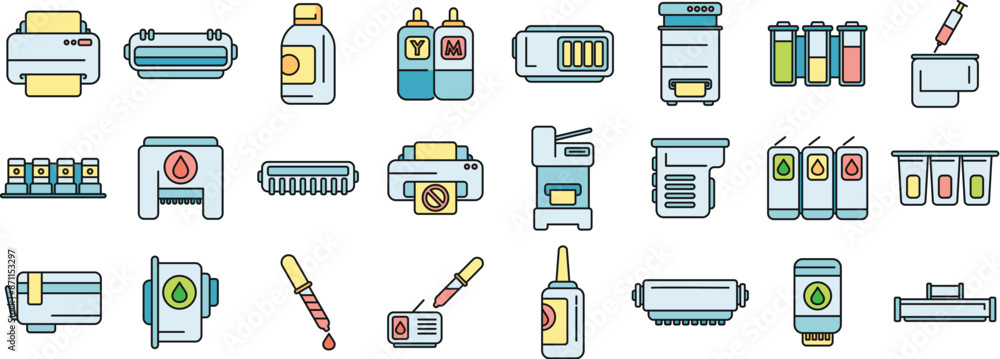 Aufkleber cartridge filling icons set outline vector. computer copier. device digital thin line color flat on 