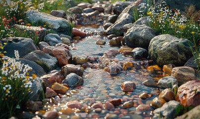 Obraz premium Colorful Stones by a Nordic Stream in Early Morning Light