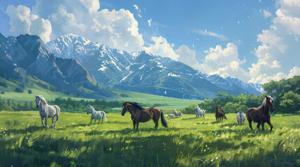 wide fields of grass and horses