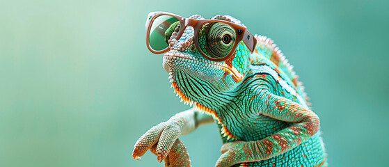 Close-up of a colorful chameleon wearing stylish glasses, set against a soft green background, showcasing its unique texture and vibrant colors.
