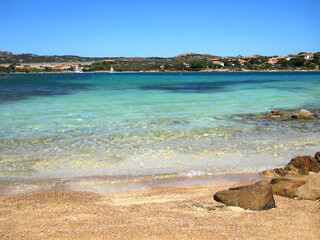 Beautiful sea in Sardinia, Italy. Beach in island Maddalena. Blue clear water sea in Italy. Beautiful background with sea.