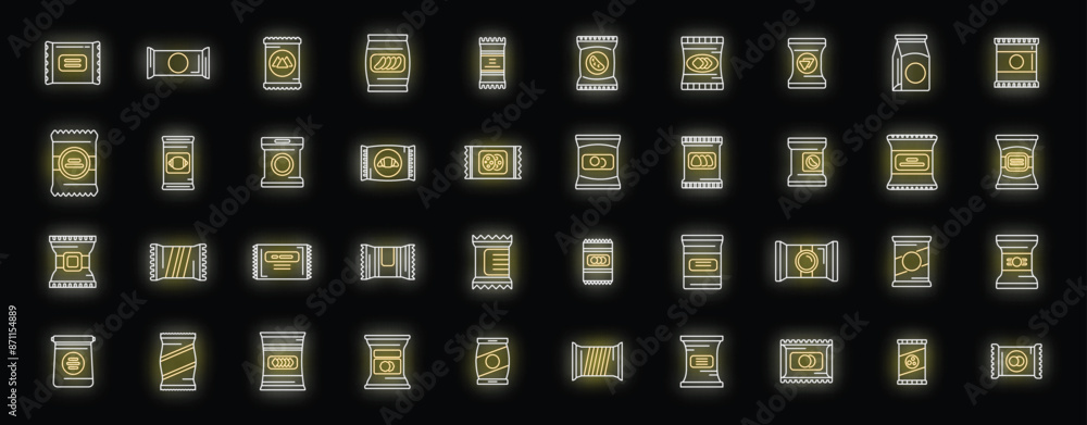 Sticker Snack pack icons set outline vector. Candy bag. Biscuit package neon color on black