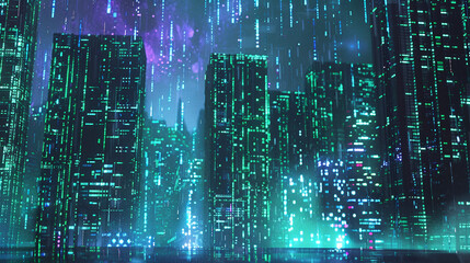 A vibrant futuristic cityscape illuminated by neon lights and digital rain, creating a cyberpunk atmosphere with glowing skyscrapers.
