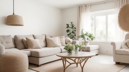 Fototapeta premium modern villa living room with antique decor and furniture, neutral sofa and jute rug, interior photography. Modern interior,