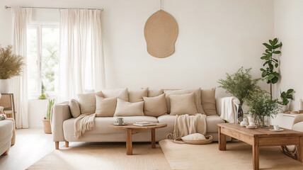 Fototapeta premium modern villa living room with antique decor and furniture, neutral sofa and jute rug, interior photography. Modern interior,