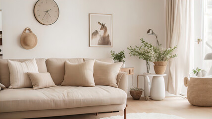 Fototapeta premium modern villa living room with antique decor and furniture, neutral sofa and jute rug, interior photography. Modern interior,