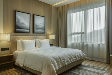 Contemporary Hotel Room with Red and White Decor. Generative AI.