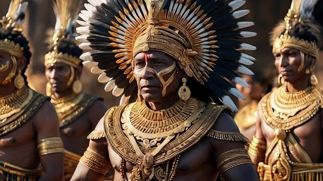 A group of warriors in an Aztec ritual dressed in elaborate golden garments, including necklaces, headbands and body ornaments. Their attire reflects the wealth and splendor of the Aztec civilization