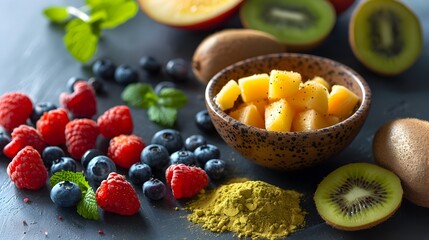 Assortment of Fresh Colorful Fruits in Wooden Bowls on Rustic Table