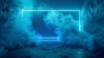 Fototapeta premium A blue room with a large blue square in the middle, backdrop