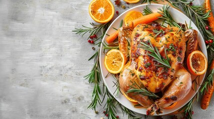 A visually appealing roasted chicken placed on a white plate, decorated with sprigs of rosemary, oranges, carrots, and some red berries, making it a perfect holiday dish.
