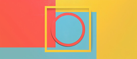Bright geometric shapes, including a red circle and yellow square, arranged on a vibrant background of red, blue, and yellow.
