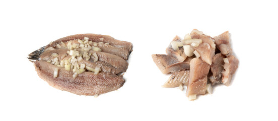 Dutch herring isolated, salted fish meat fillet, traditional maatjes, raw atlantic herring, matias