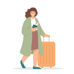 Traveling woman with suitcase. Traveler female character with luggage. Departing or arriving passenger. Vector illustrations isolated on white background.
