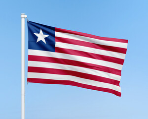 Liberia flag on stick on sky background. Realistic flag illustration	