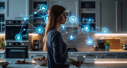 Woman in smart kitchen using virtual connectivity with digital holograms