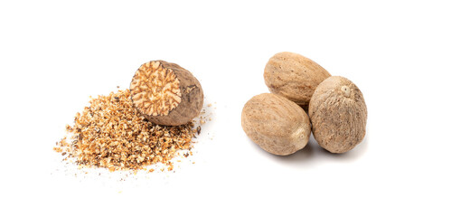 Nutmeg Isolated, Myristica Fragrans Fruit, Dry Spicy Nutmeg Powder, Grated Whole Muscat Nut, Nut Meg